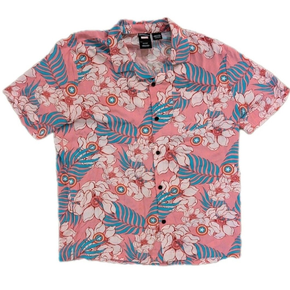 Marvel Captain America Hawaiian Shirt Men’s Large Pink Floral Shield Button Up